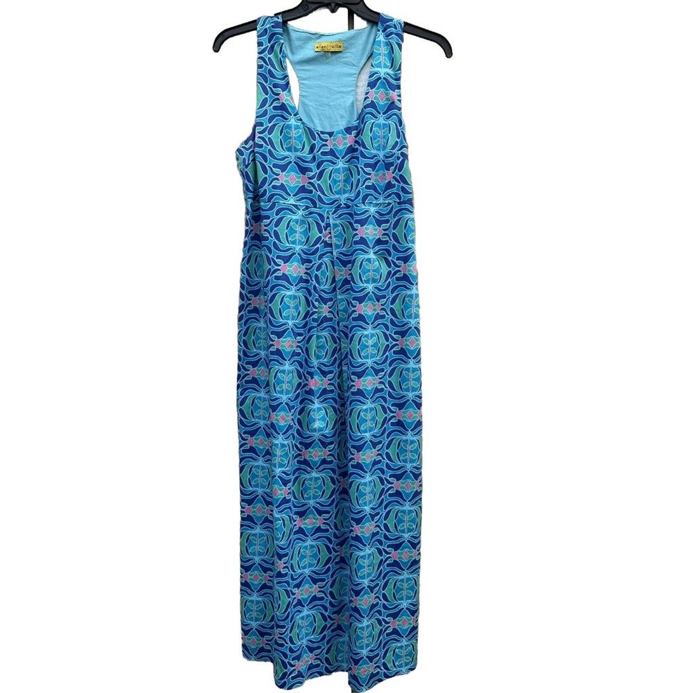 Ellen & Ollie Mod Print Blue Hawaiian Luau Cruise Maxi Dress Women's Size 12
